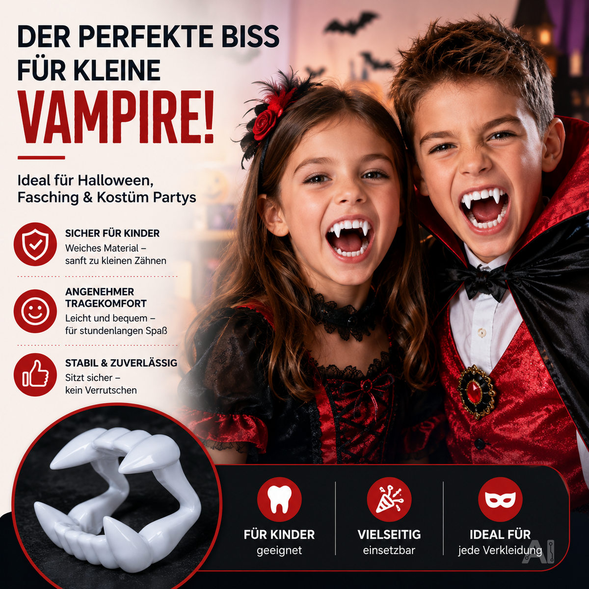 Vampirgebisse für ein Halloweenkostüm – von verkleideten Kindern getragen