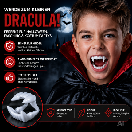 Vampirgebisse für ein Halloweenkostüm – von einem verkleideten Kind getragen