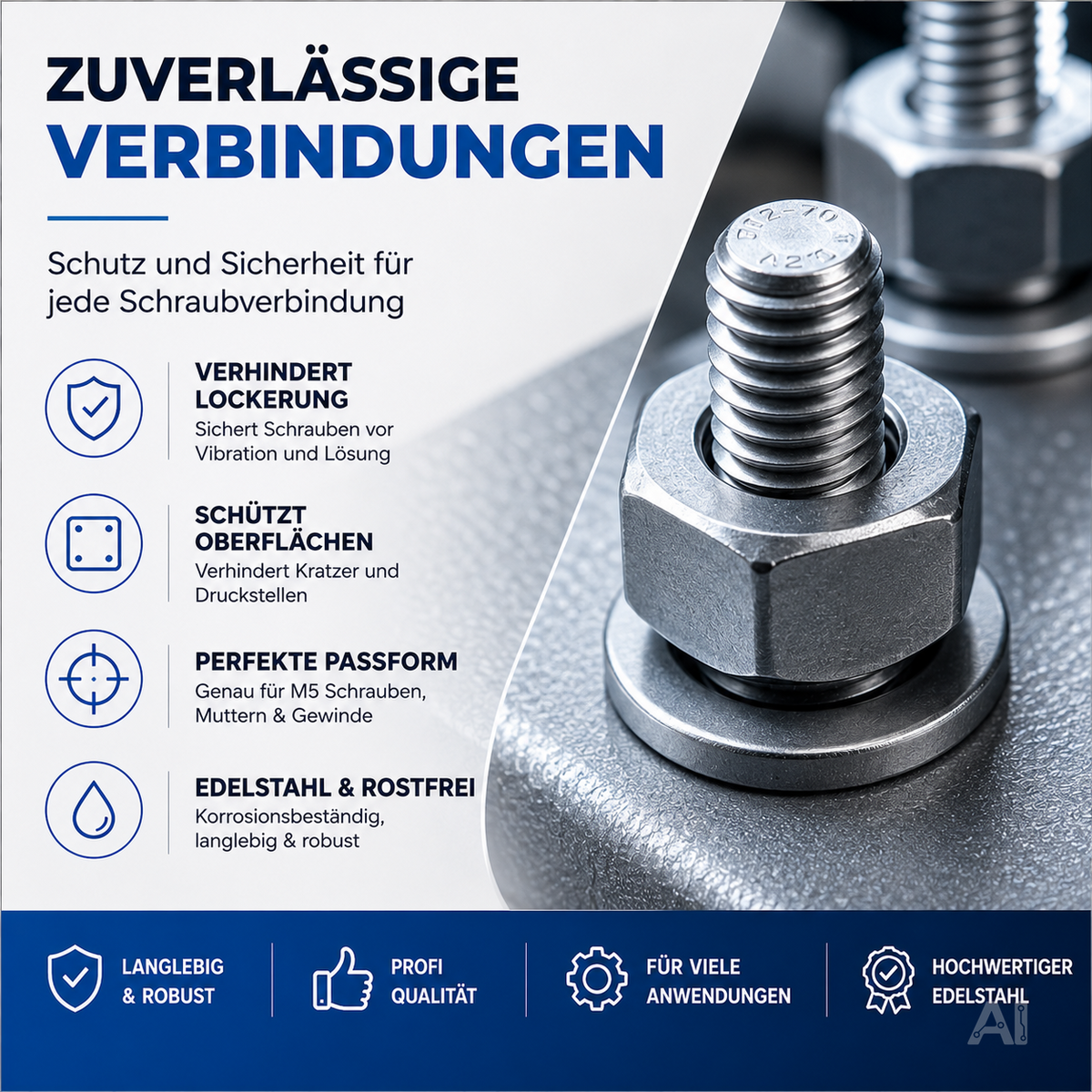 50x M8 Unterlegscheiben - Edelstahl & Rostfrei - Flache Sicherungsscheiben & Karosseriescheiben