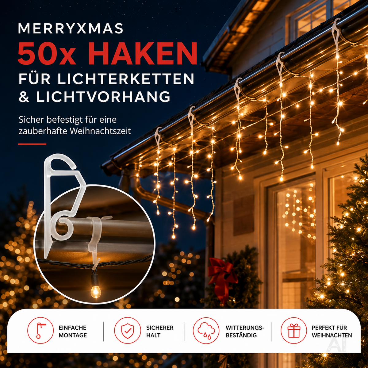 Haken und Clips zur Befestigung von Lichterketten