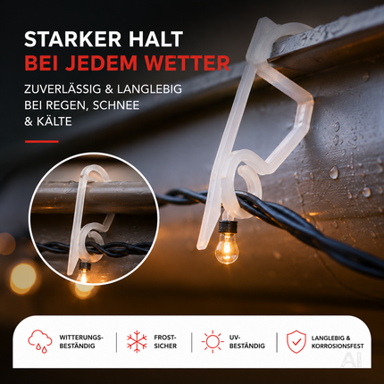 Haken und Clips zur Befestigung von Lichterketten – Nahaufnahme eines Hakens am Dach