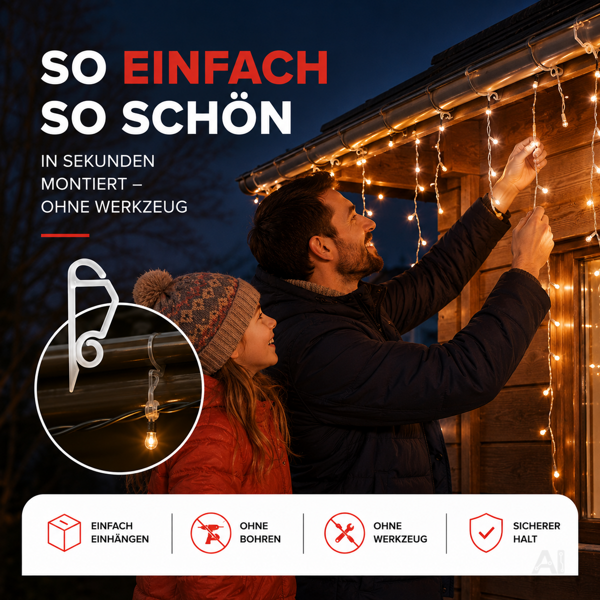 Haken und Clips zur Befestigung von Lichterketten – beim Aufhängen einer Lichterkette