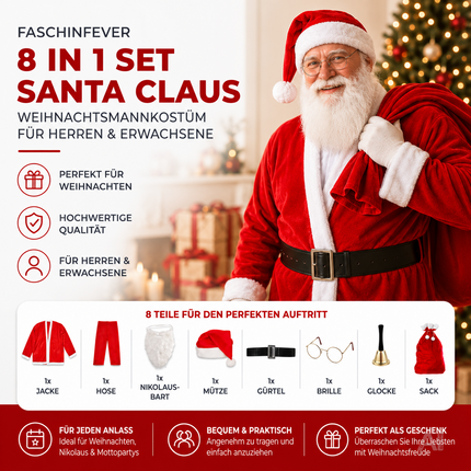 8 in 1 Set Santa Claus - Weihnachtsmannkostüm & Nikolauskostüm - für Weihnachten