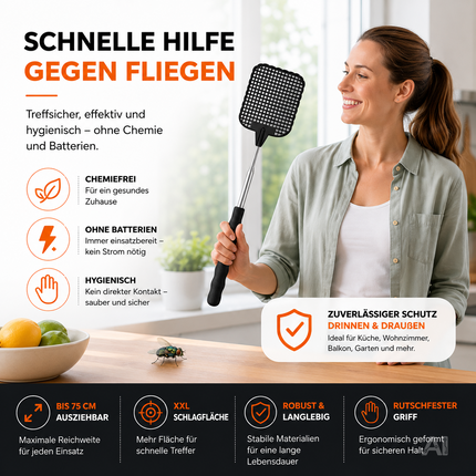 Ausziehbare Fliegenklatschen mit Teleskopstiel – in der Hand einer Frau
