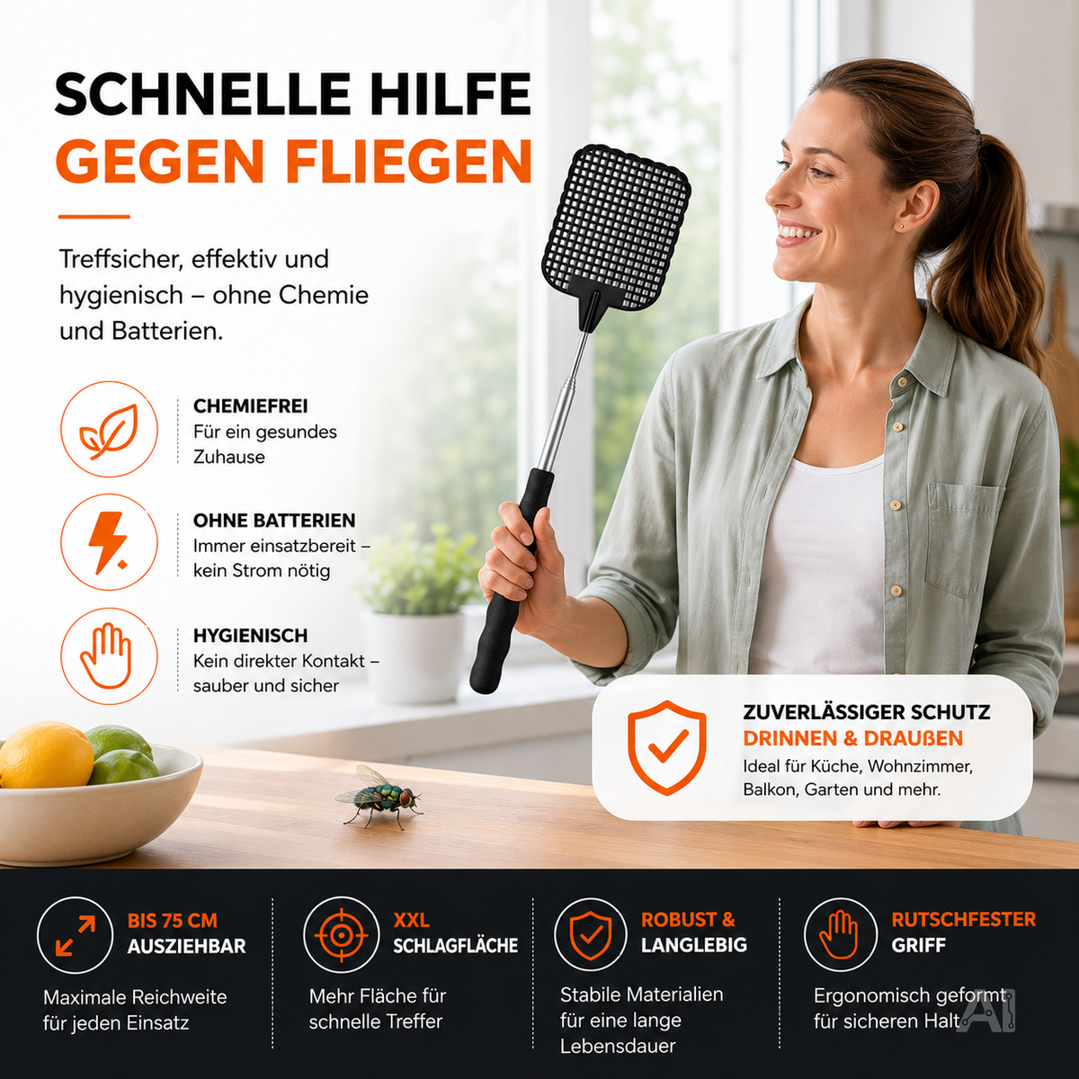 Ausziehbare Fliegenklatschen mit Teleskopstiel – in der Hand einer Frau