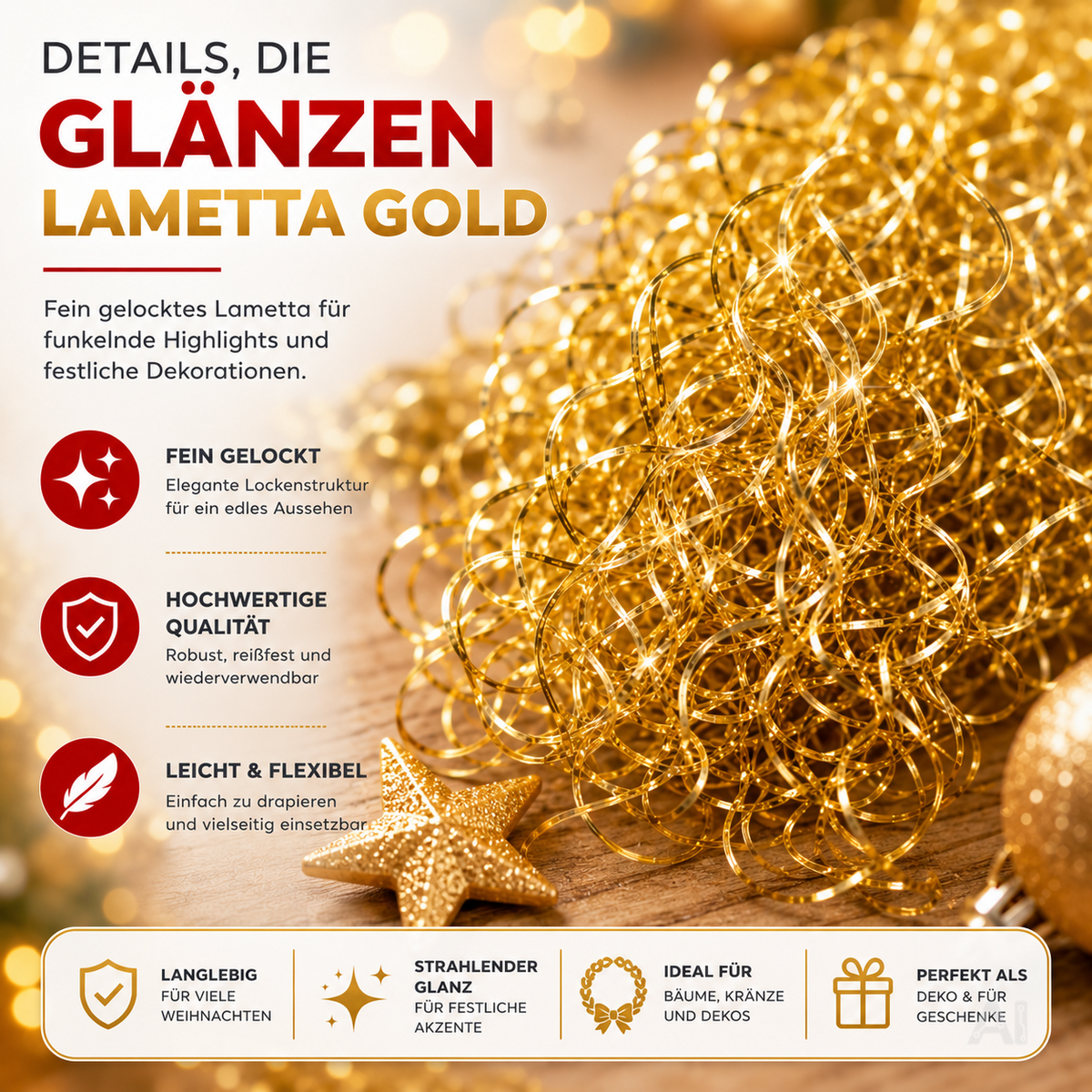Goldfarbenes Lametta – Nahaufnahme der Stränge
