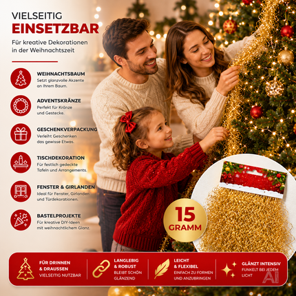 Goldfarbenes Lametta – beim gemeinsamen Schmücken eines Weihnachtsbaums