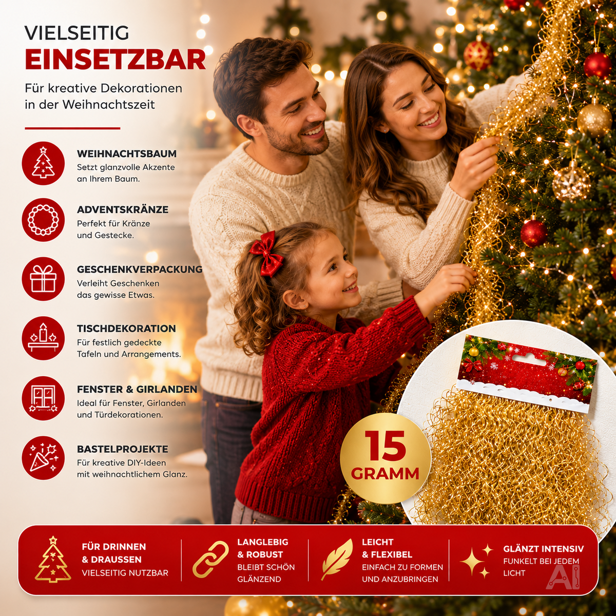 Goldfarbenes Lametta – beim gemeinsamen Schmücken eines Weihnachtsbaums