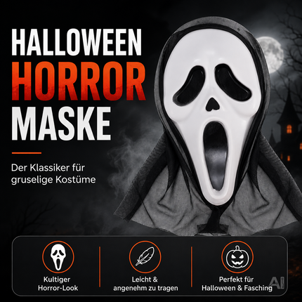 Scream Maske Ghostmaske für Herren & Damen als Kostüm für Halloween Fasching & Karneval
