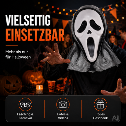 Scream Maske Ghostmaske für Herren & Damen als Kostüm für Halloween Fasching & Karneval