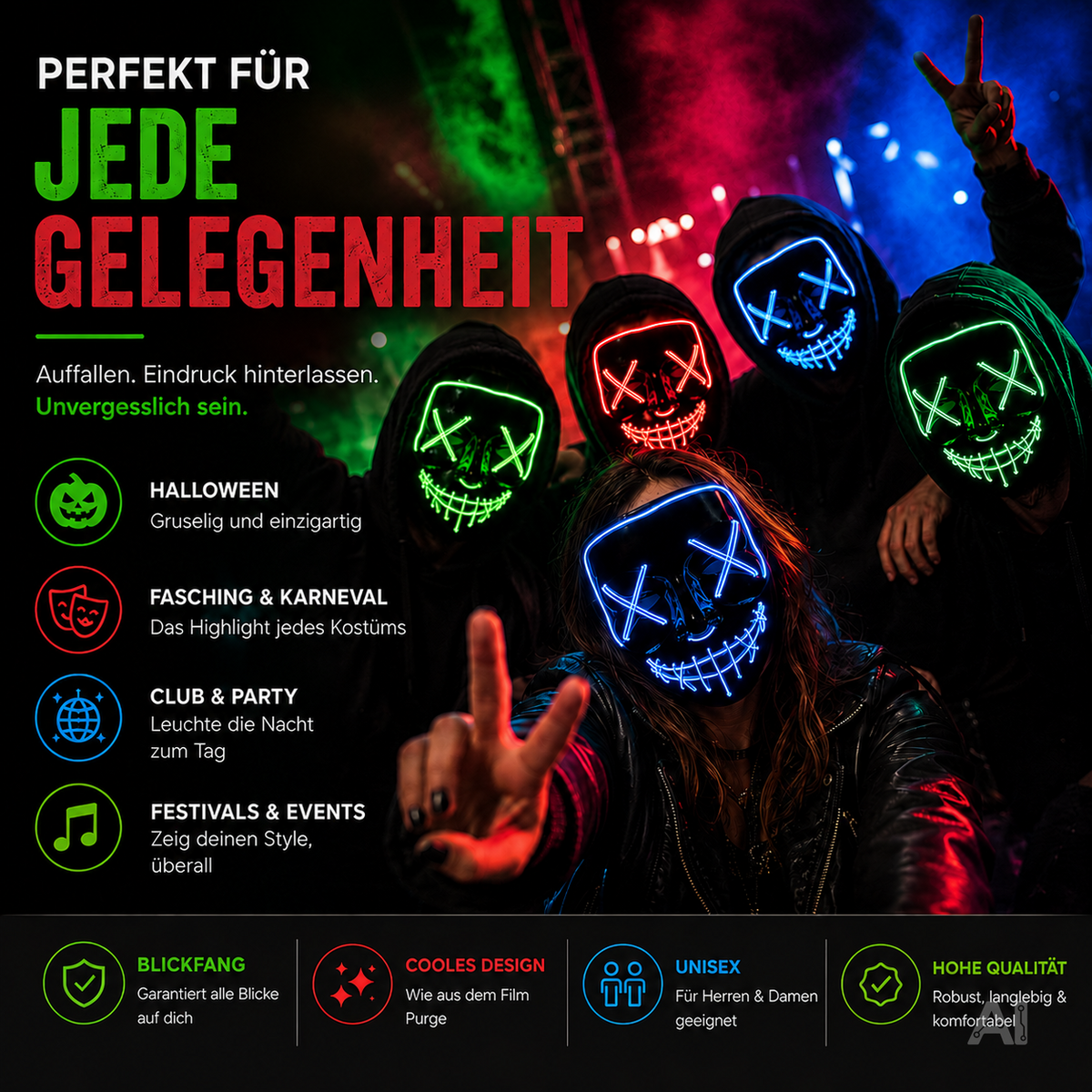 Halloween-Masken mit LED-Beleuchtung in verschiedenen Farben