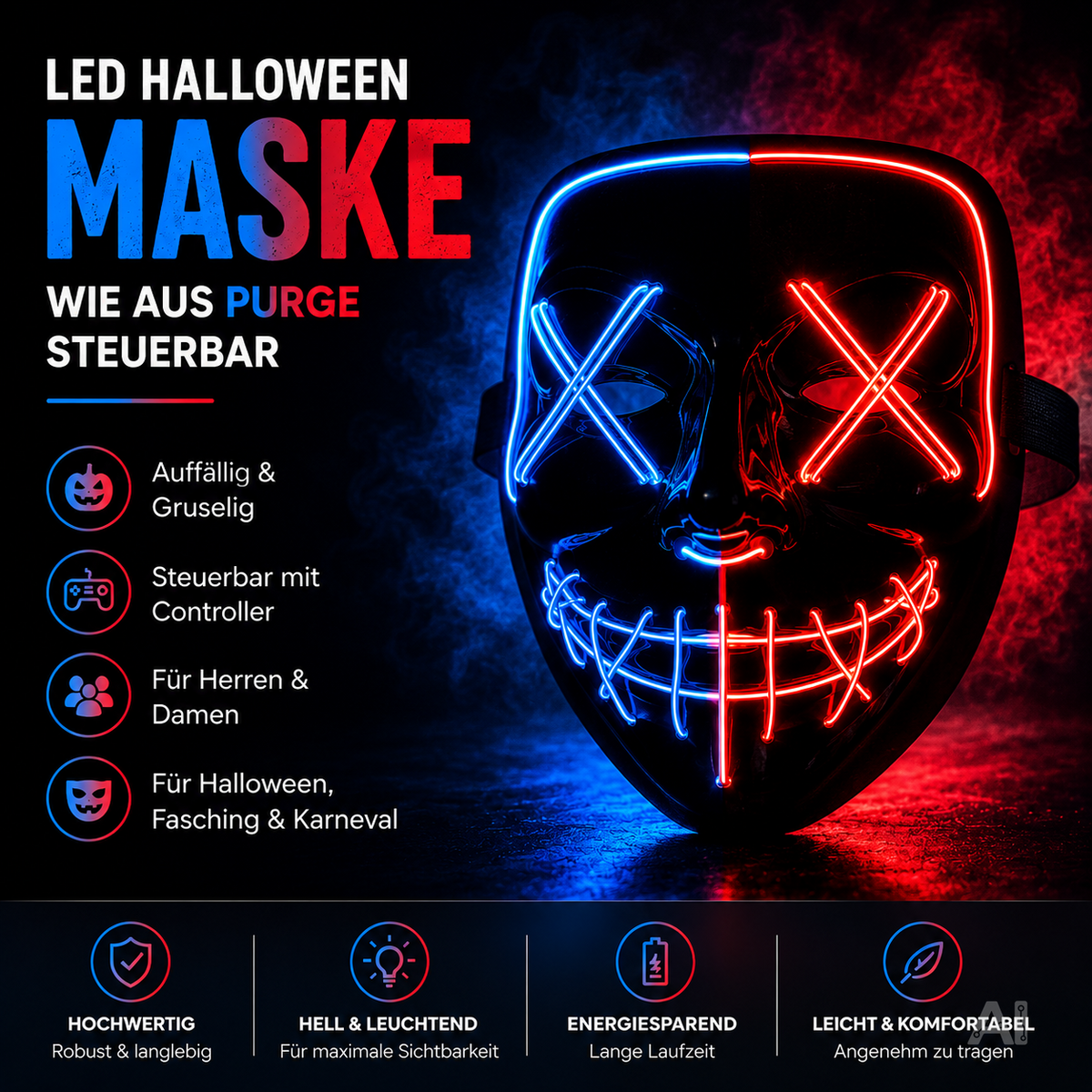 Halloween-Maske mit blau-roter LED-Beleuchtung