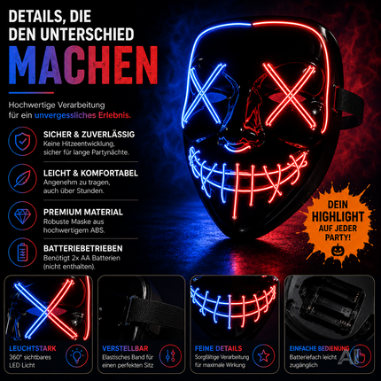 Halloween-Maske mit blau-roter LED-Beleuchtung