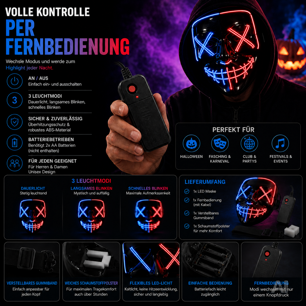Halloween-Maske mit blau-roter LED-Beleuchtung – Steuerelement in der Hand