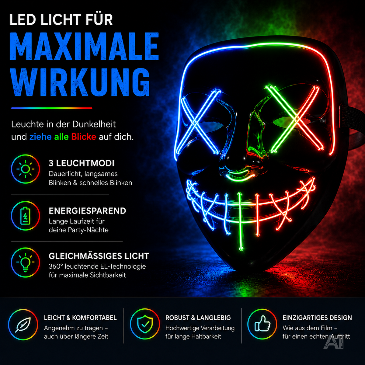 Halloween-Masken mit farbiger LED-Beleuchtung