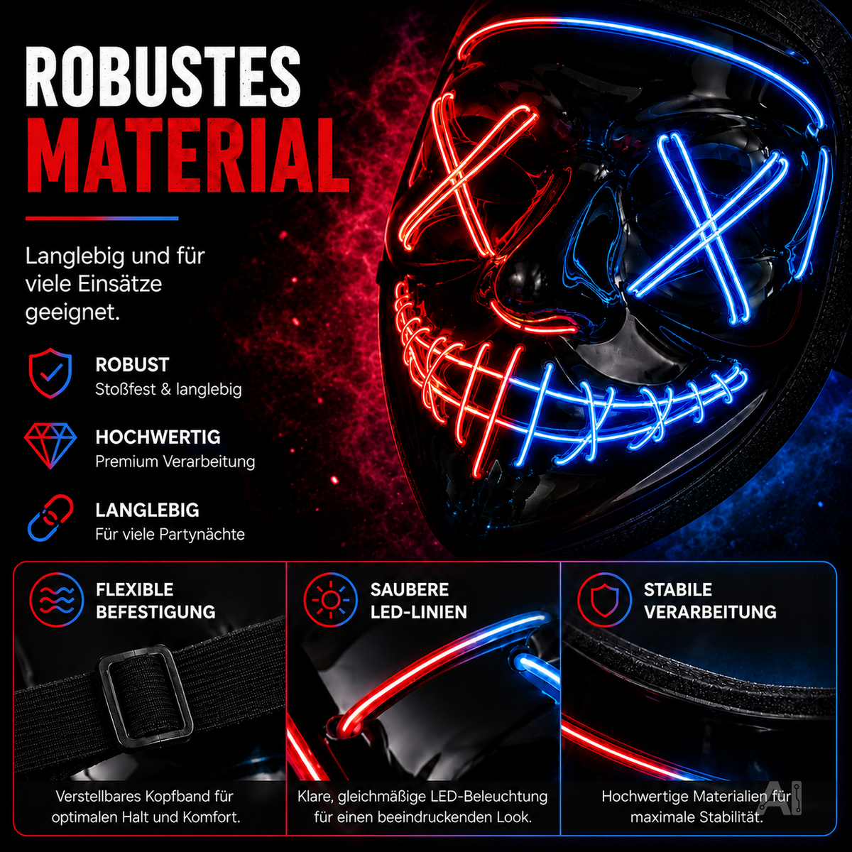 Halloween-Maske mit blau-roter LED-Beleuchtung