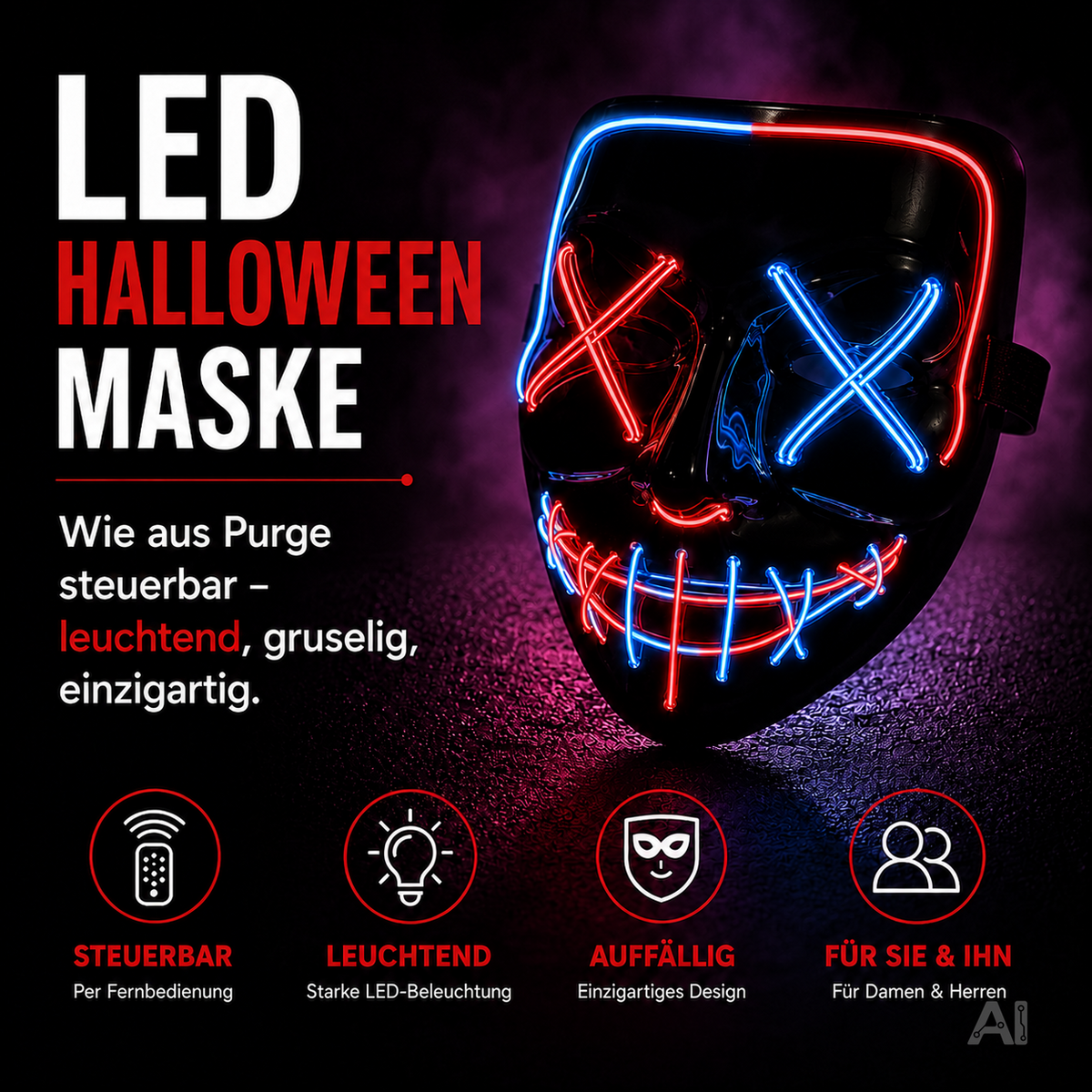 Halloween-Maske mit blau-roter LED-Beleuchtung