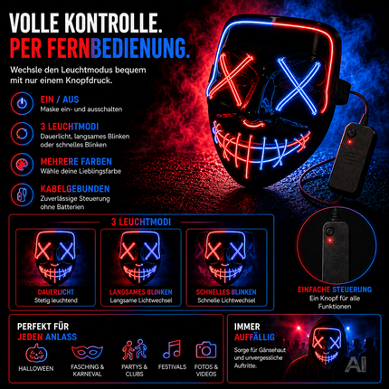 Halloween-Maske mit blau-roter LED-Beleuchtung – mit Steuerelement