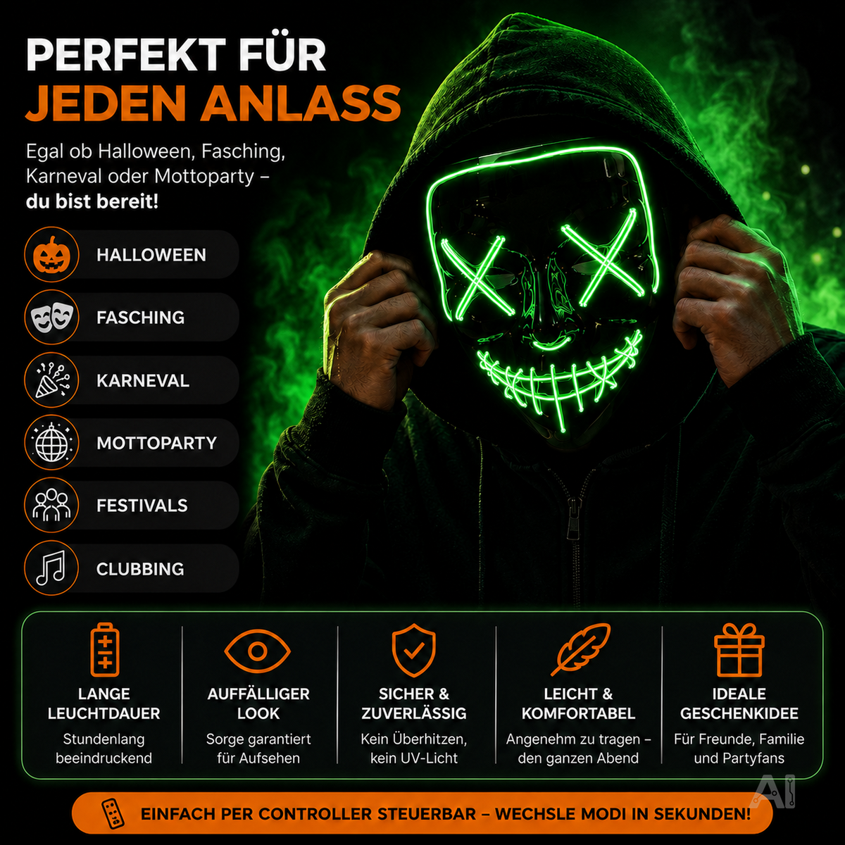 Halloween-Masken mit LED-Beleuchtung in verschiedenen Farben