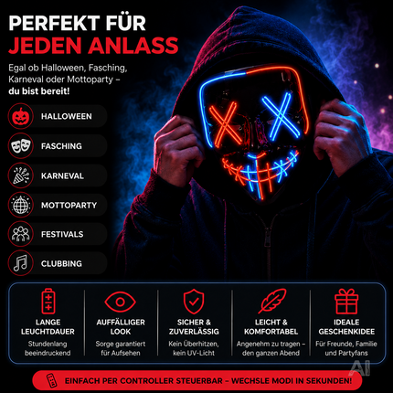 Halloween-Maske mit blau-roter LED-Beleuchtung