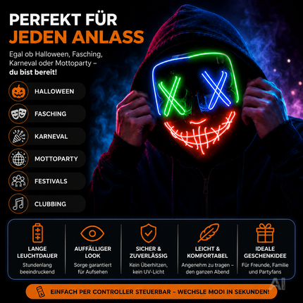 Halloween-Masken mit farbiger LED-Beleuchtung