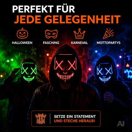 Halloween Maske Purge LED rot - Kostümmaske steuerbar für Halloween, Fasching & Karneval