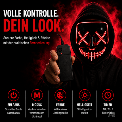 Halloween Maske Purge LED rot - Kostümmaske steuerbar für Halloween, Fasching & Karneval