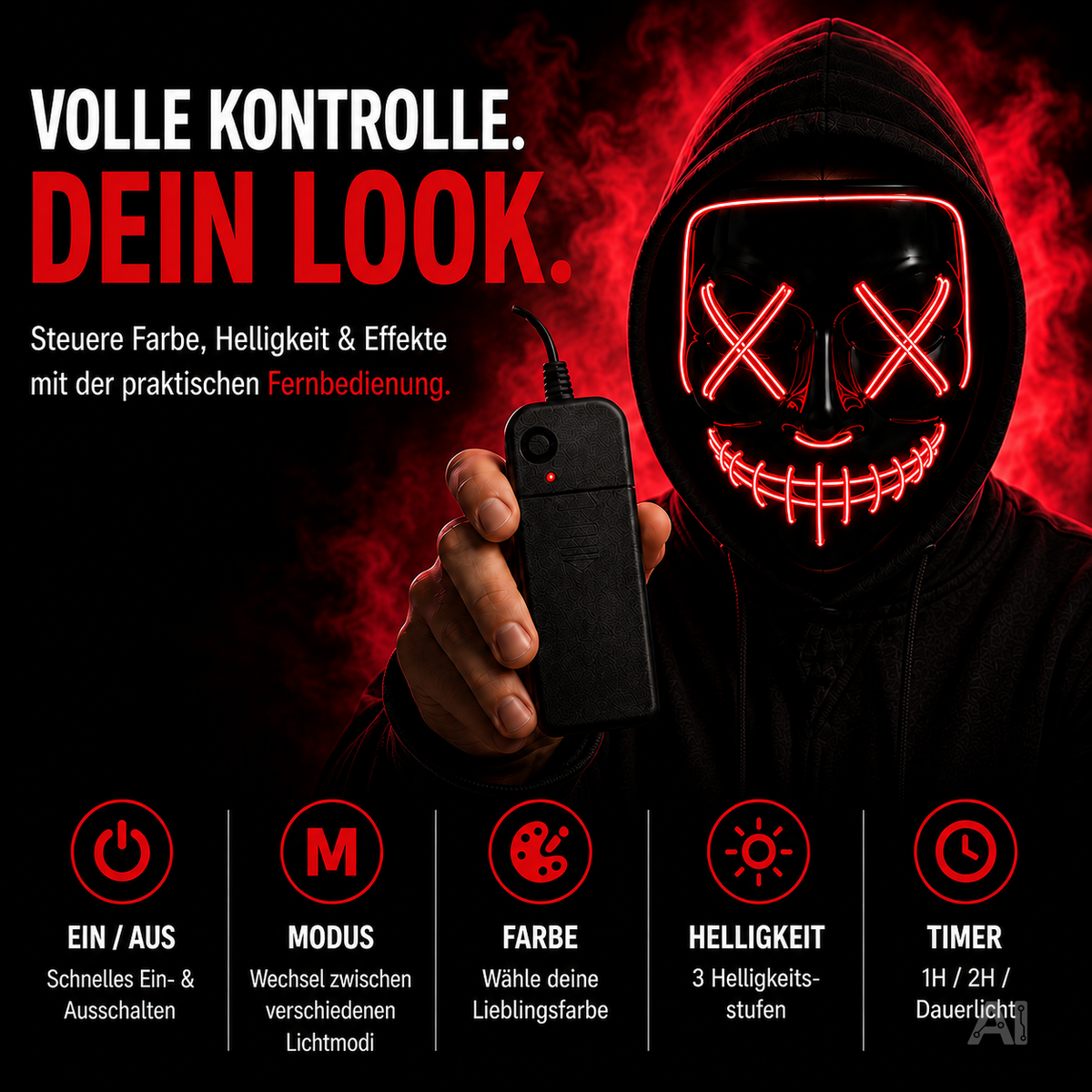 Halloween-Maske mit roter LED-Beleuchtung – mit Steuerelement