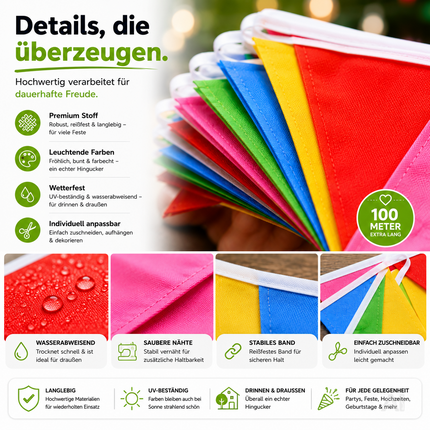 Bunte Stoffwimpelkette – Nahaufnahme der bunten Wimpel