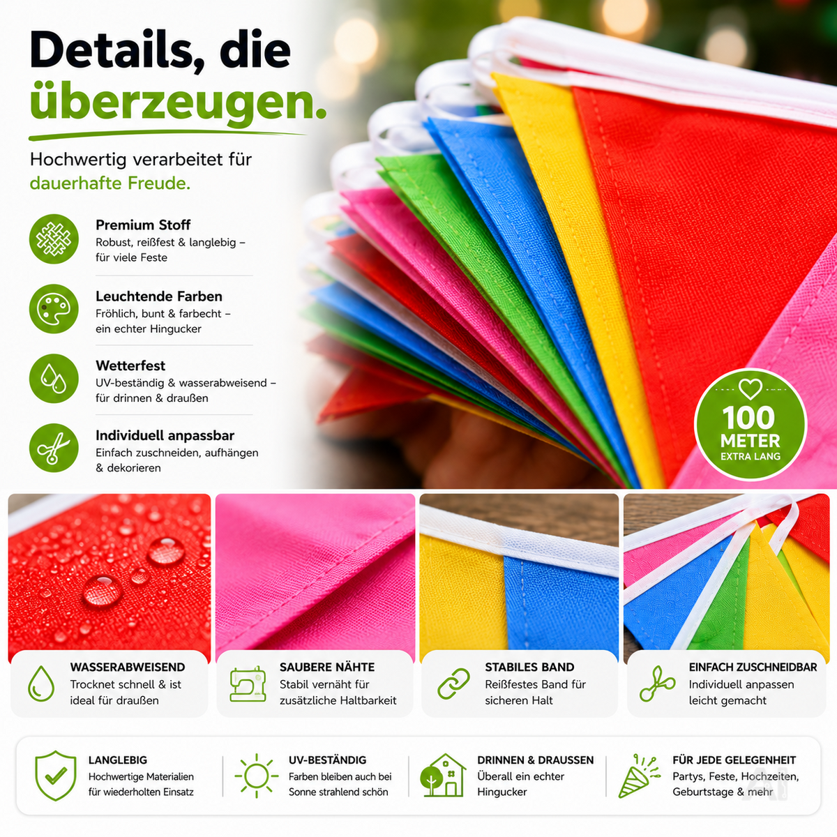 Bunte Stoffwimpelkette – Nahaufnahme der bunten Wimpel
