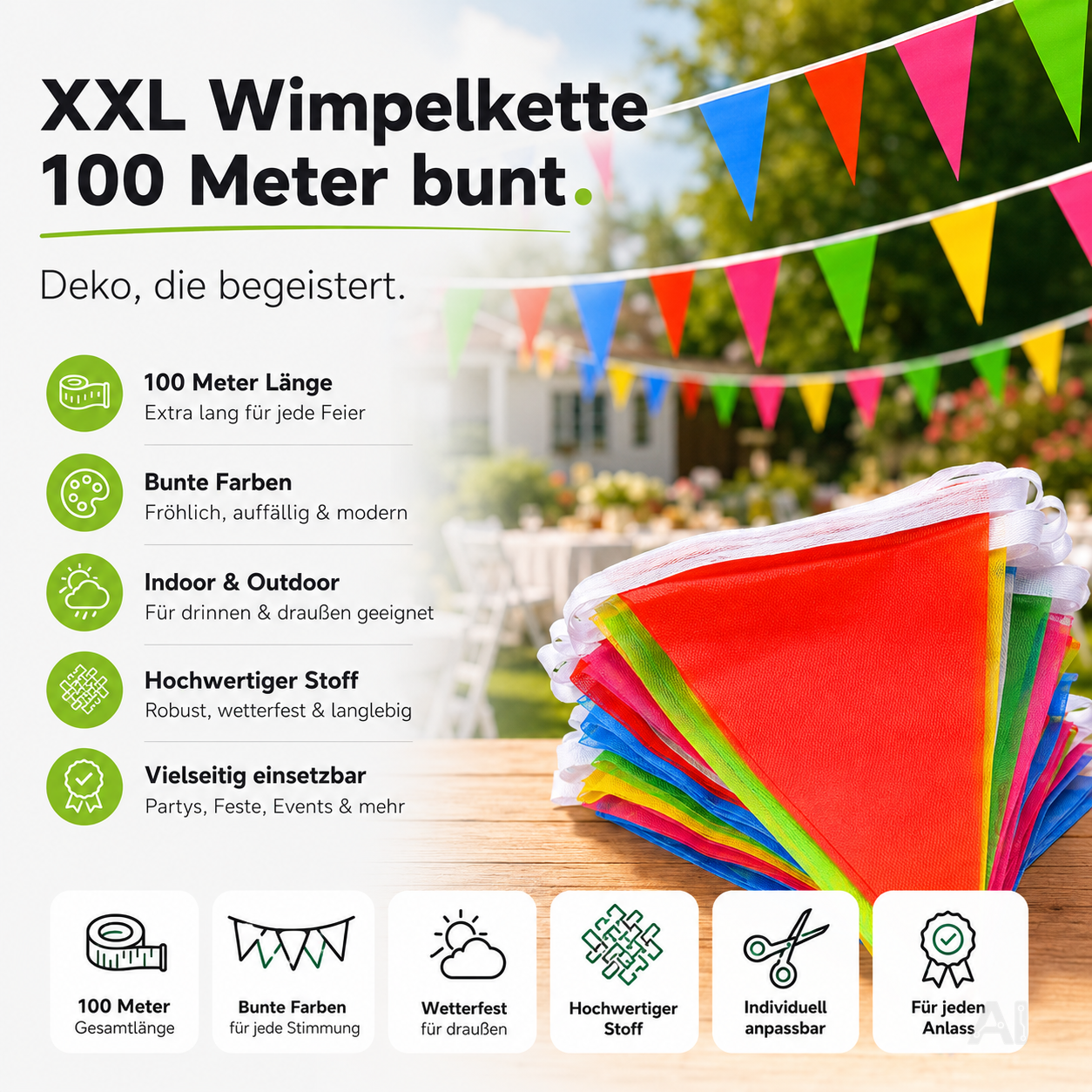 XXL Wimpelkette Stoff 100 Meter bunt Girlande Banner Fahne
