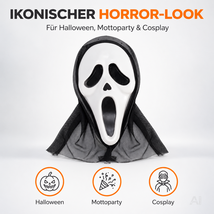 Ghostmaske - Scream Maske Kostümmaske - Ghostface Horror Verkleidung an Halloween & Fasching für Herren & Damen