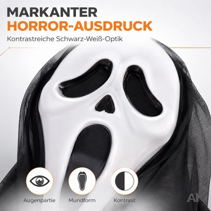 Ghostmaske - Scream Maske Kostümmaske - Ghostface Horror Verkleidung an Halloween & Fasching für Herren & Damen