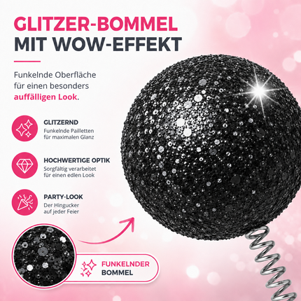 Schwarzer Haarreif mit wackelnden Fühlern – Nahaufnahme des Glitzerbommels
