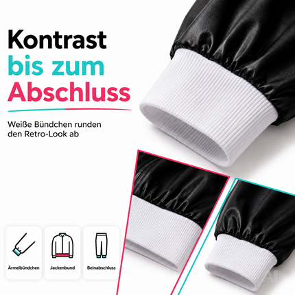 Schwarzer Retro-Trainingsanzug als Kostüm – Nahaufnahme der weißen Bündchen