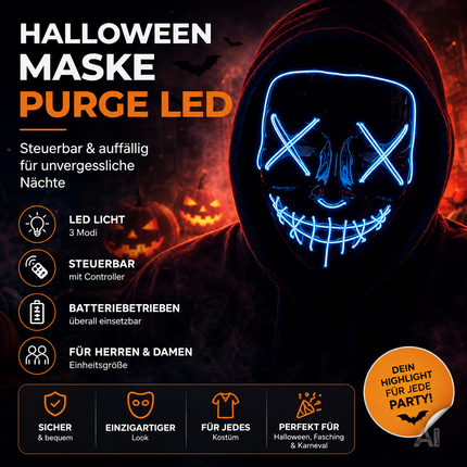 Halloween Maske Purge LED blau - Kostümmaske steuerbar für Halloween, Fasching & Karneval