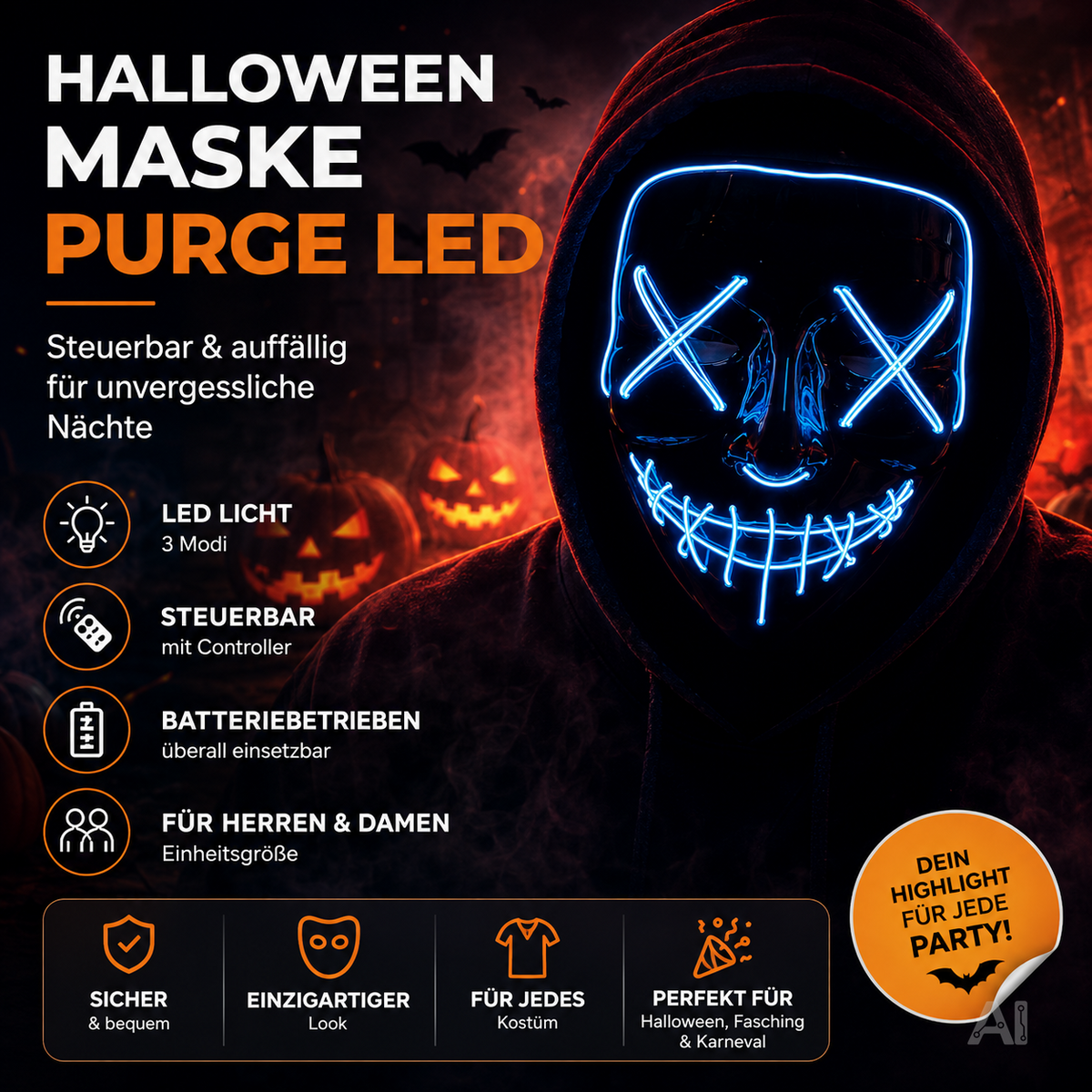 Halloween-Maske mit blauer LED-Beleuchtung
