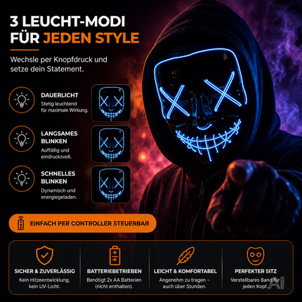 Halloween Maske Purge LED blau - Kostümmaske steuerbar für Halloween, Fasching & Karneval