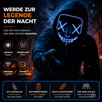 Halloween Maske Purge LED blau - Kostümmaske steuerbar für Halloween, Fasching & Karneval