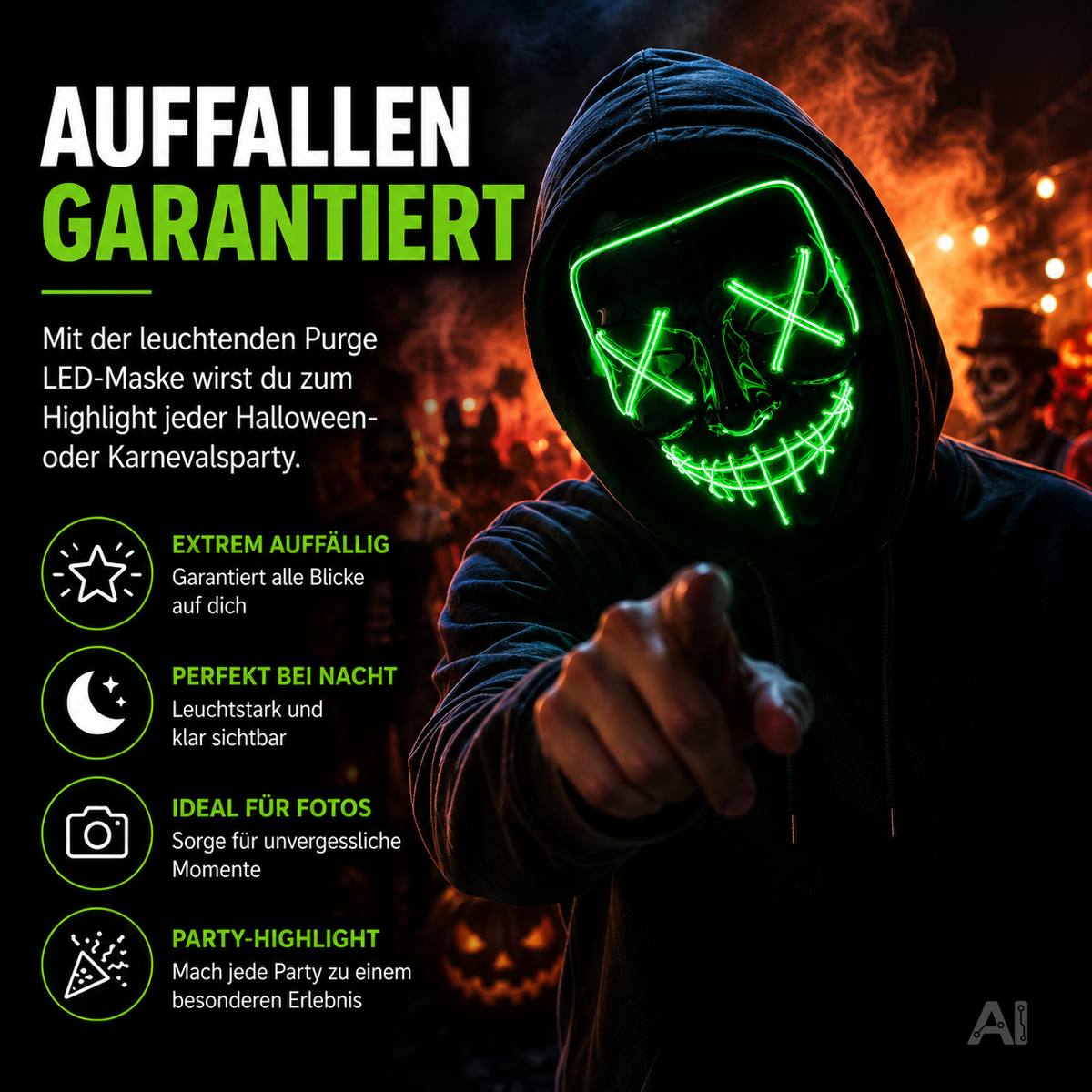 Halloween-Maske mit grüner LED-Beleuchtung