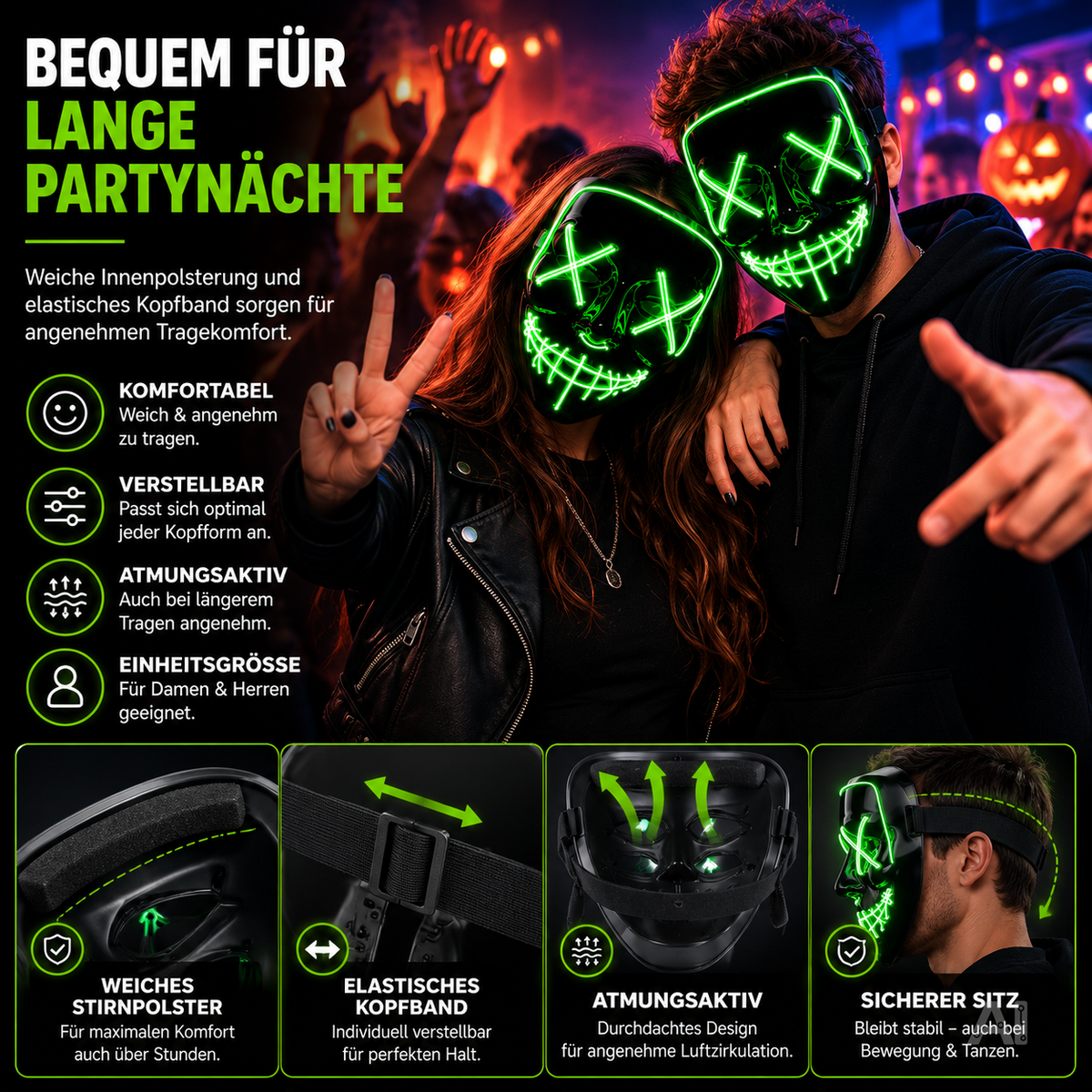 Halloween-Maske mit grüner LED-Beleuchtung