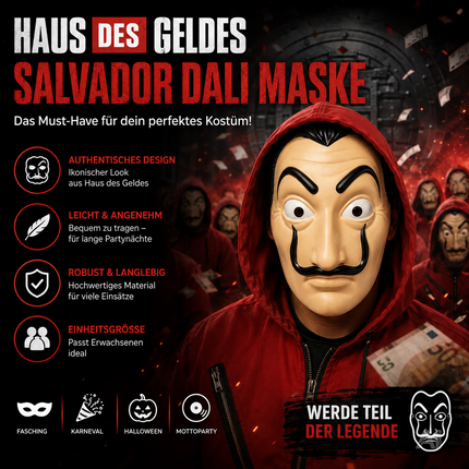 Salvador-Dalí-Kostümmaske – von einer Person mit roter Kapuze getragen
