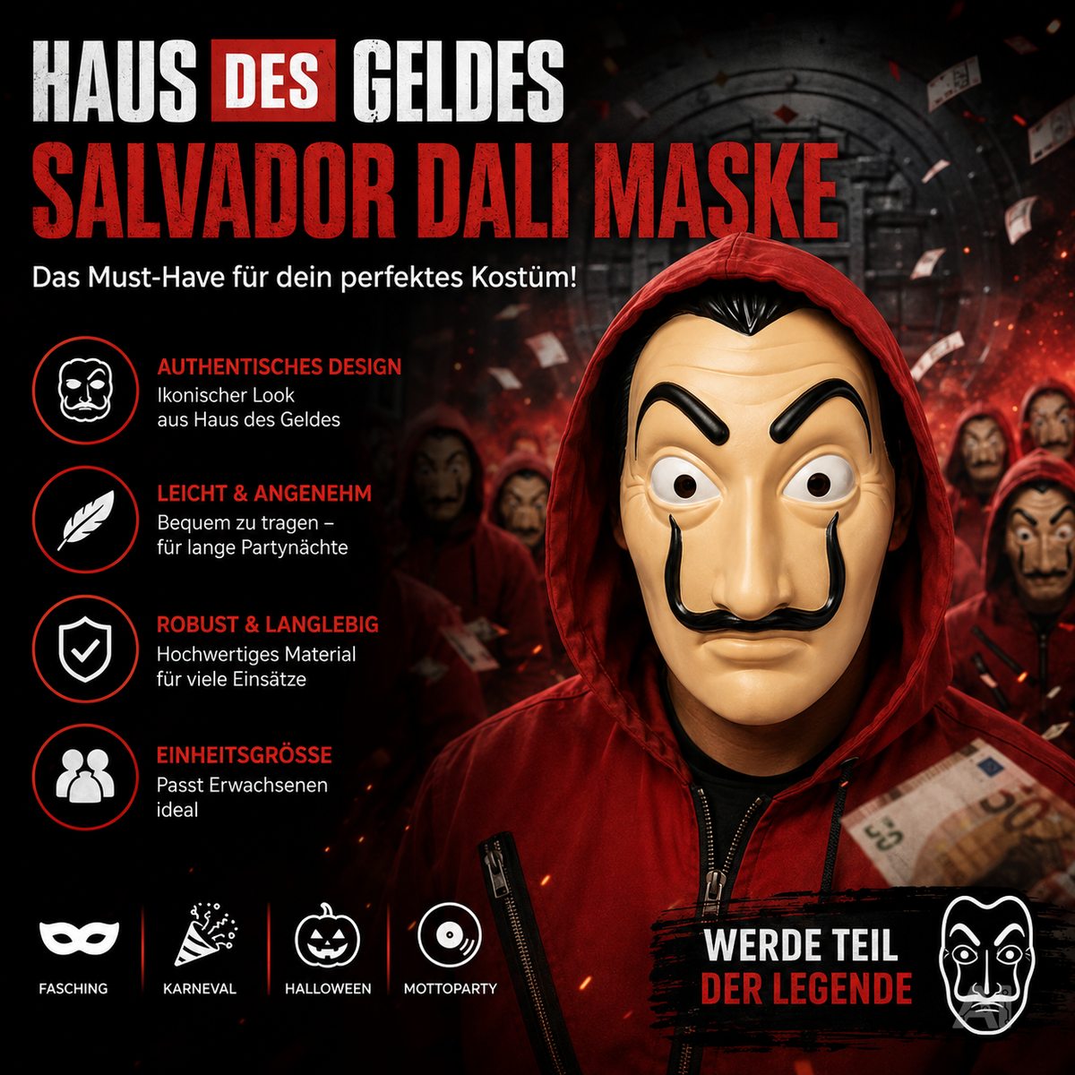 Salvador-Dalí-Kostümmaske – von einer Person mit roter Kapuze getragen