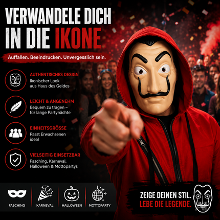 Salvador-Dalí-Kostümmaske – von einer Person mit roter Kapuze getragen