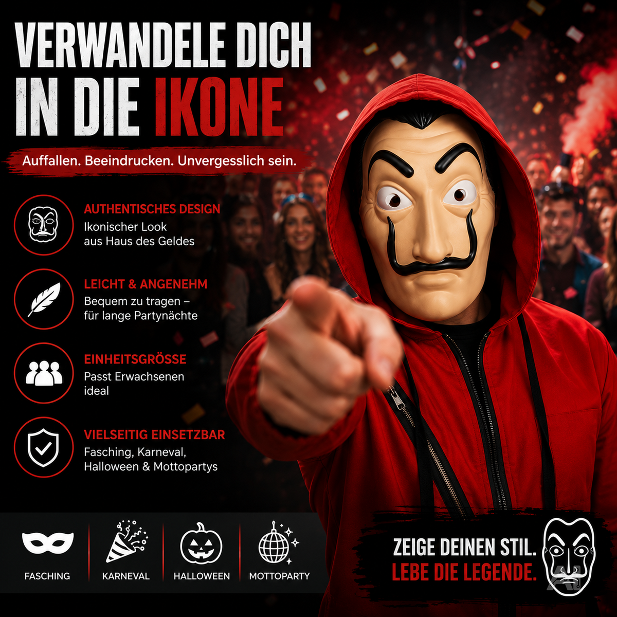 Salvador-Dalí-Kostümmaske – von einer Person mit roter Kapuze getragen
