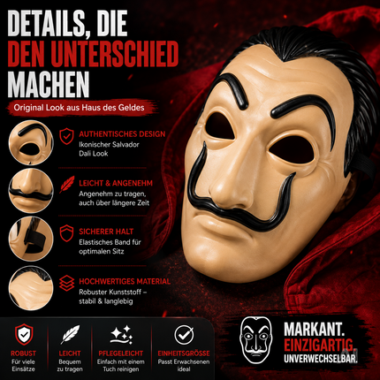 Salvador-Dalí-Kostümmaske – Nahaufnahme der Maske