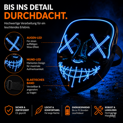 Halloween Maske Purge LED blau - Kostümmaske steuerbar für Halloween, Fasching & Karneval