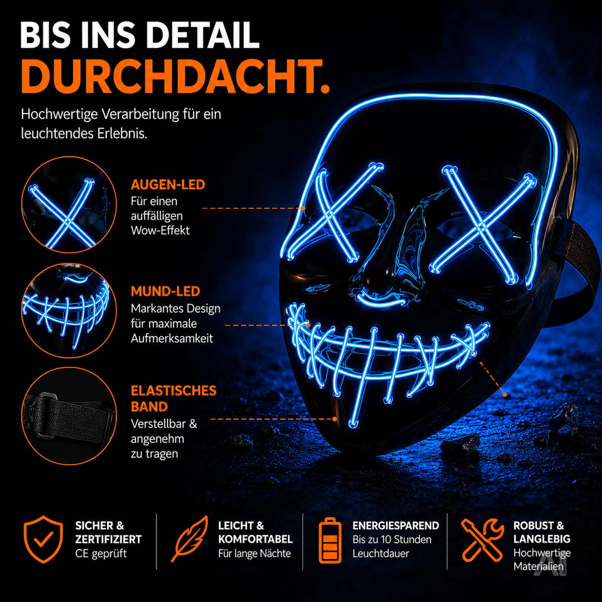 Halloween-Maske mit blauer LED-Beleuchtung
