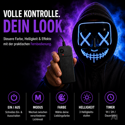 Halloween Maske Purge LED blau - Kostümmaske steuerbar für Halloween, Fasching & Karneval
