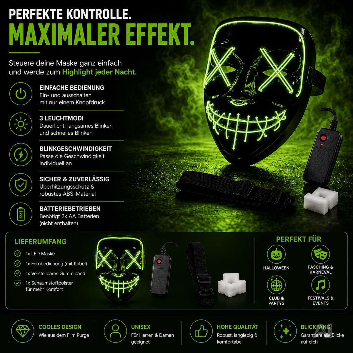 Halloween-Maske mit grüner LED-Beleuchtung – mit angeschlossenem Steuerelement